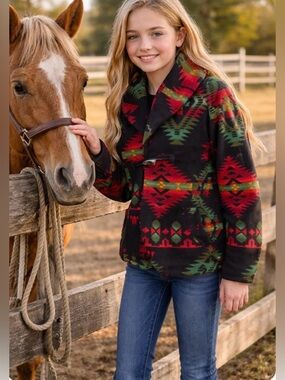 Girl’s Ralph Lauren Black Fleece Jacket with Red and Green Southwestern print